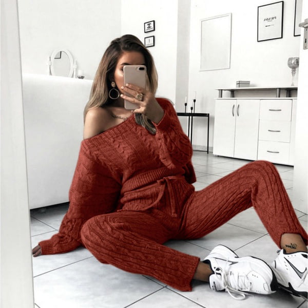 Wofupowga-CA Women Pullover Sweater 2 Pieces Jogging Knit Pants Tracksuit Set