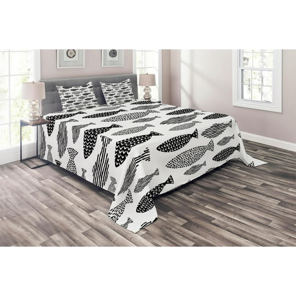 Ambesonne Fish Quilted Coverlet 3 Pcs, Sea Animals Black White, King Size, Black White