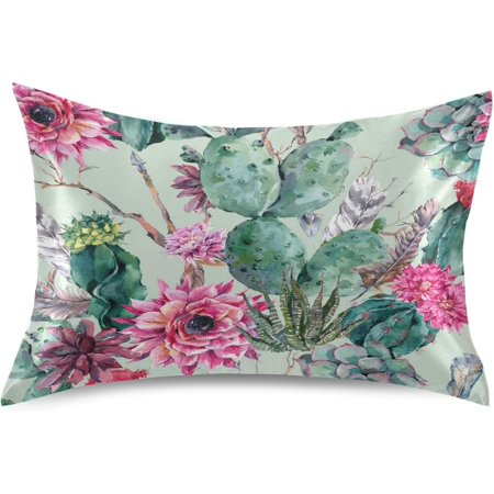 Hotbar Exotic Vintage Cactus Satin Pillowcase for Hair and Skin Silk Pillowcase, Standard Size(20x26 inches) - Slip Cooling Satin Pillow Covers with Envelope Closure(426)