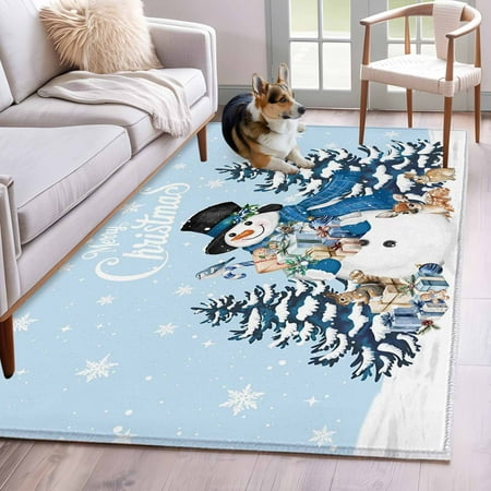 Area Rugs for Living Room Bedroom Light Blue Christmas Snowman 4 x6 Rug Washable Carpet Runner Indoor Outdoor Xmas Tree Elk Gifts Snowflake Non Slip Accent Floor Mats Rug for Kitchen Office
