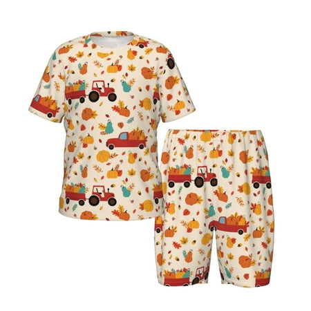 Picia Pumpkins On Red Car And Tractor Printed Boys  Kids-PJ Snug Fit Cotton Short Sleeve Top and Shorts 2 Piece Pajama Set-X-Large