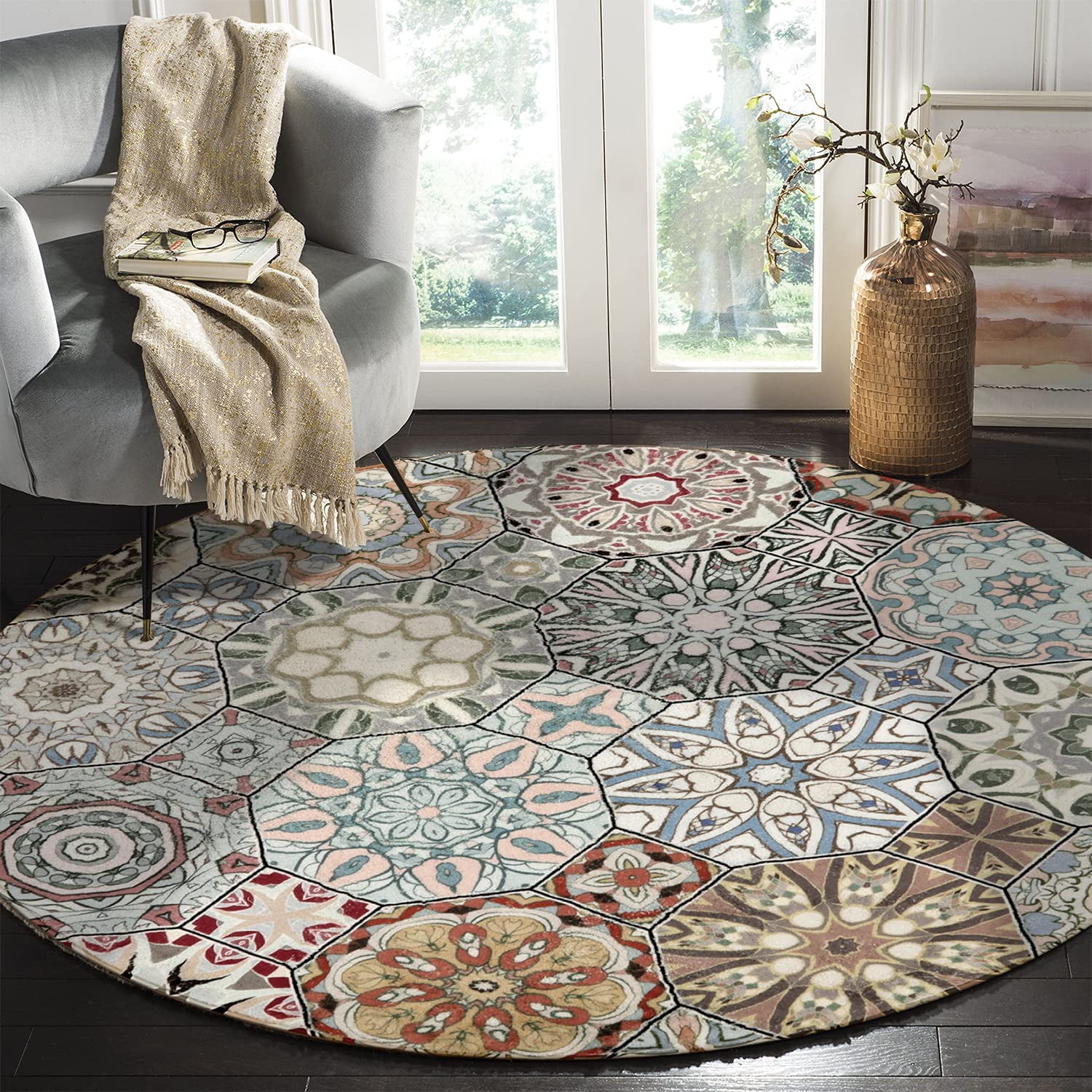 Traditional Collection Round Rug 4ft Diameter Oriental Distressed Faux