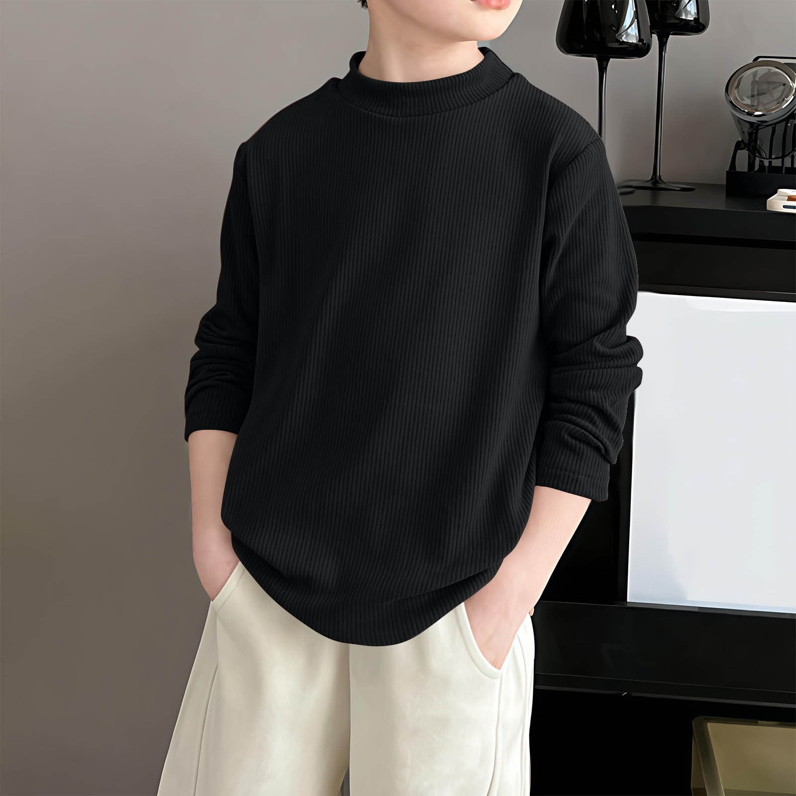 Boys Girls Solid Color Shirts Long Sleeve Crewneck Pullover Base Layer Tops Kids Fall Winter Casual Warm Comfy Outfits Black 9-10 Years