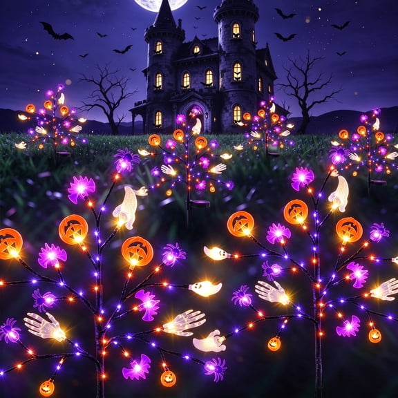 Leyaron Halloween Decorations Solar Lights Outdoor, 2 Pack Stake Lights with Spider Pumpkin Ghosts Halloween Decor for Home Outsider Pathway Garden Yard