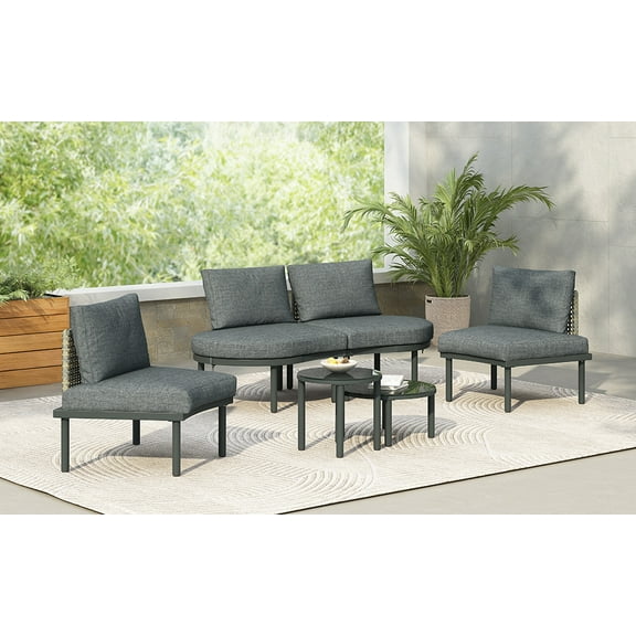 TOPMAX 6-Piece Half Moon Patio Sofa Set: Modular Outdoor Sectional Furniture in Gray PE Wicker Rattan, Aluminum Frame, Tempered Glass Tables, Cushions for Backyard, Garden, Poolside
