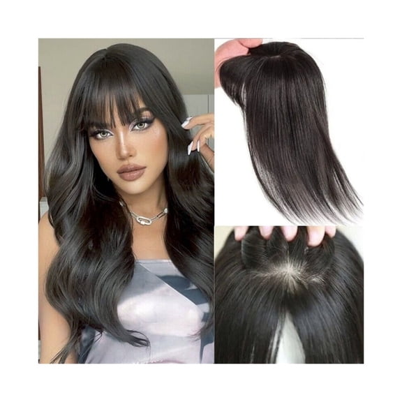 8-22" Human Hair Toppers Clip in Hairpieces with Air Bangs Real Scalp Looking Straight Hair 12x13cm Silk Base Toppers for Women with Thinning Hair