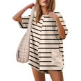 thumbnail image 2 of TrendOFT Combinaison Décontractée d'Été pour Femmes, Imprimé Rayé, Manches Courtes, Col Rond, Dos Nu, Beige TG, 2 of 7