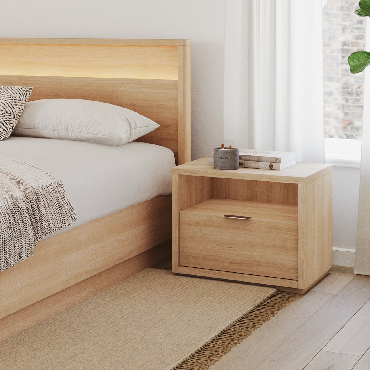 Nexera Modern 1 Drawer Nightstand, Natural Blonde Oak