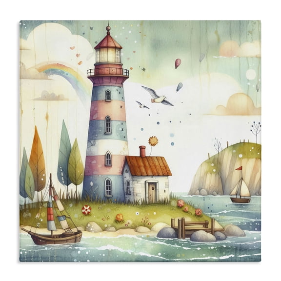 Stupell Industries Lighthouse Cottage Scenery Nautical & Beach Painting Wrapped Canvas Art Print Wall Art, 17 x 17