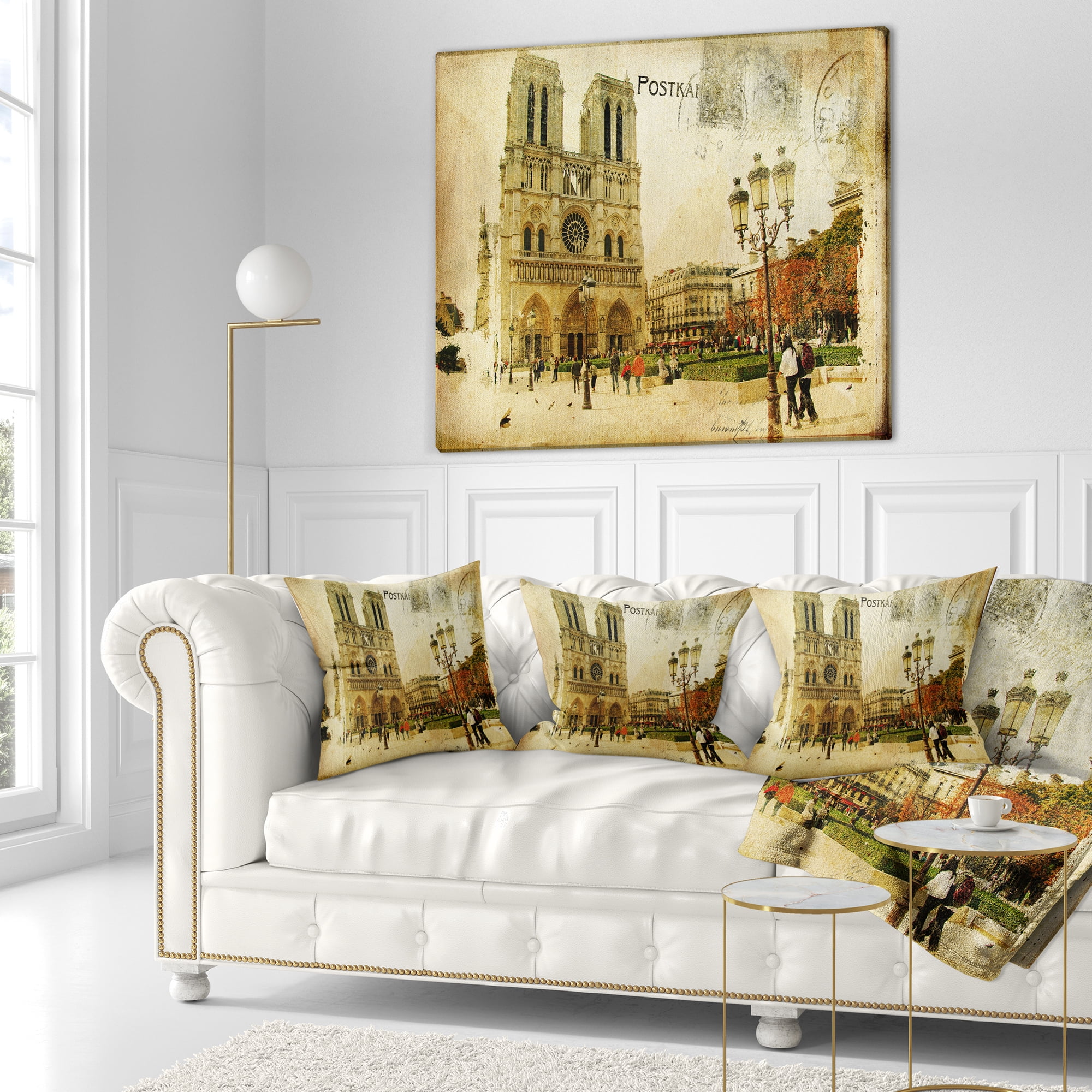 Designart Notre Dame Cathedral Vintage Card - Contemporary Throw Pillow - 16x16