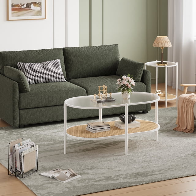 Yeshouse Mesa de centro ovalada moderna de dos niveles, con tablero de vidrio templado, estante de ratán y estructura de metal, ideal para sala de estar o dormitorio