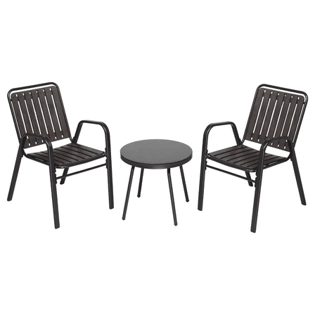 3-Piece Outdoor Bistro Set: 2 Stackable Chairs & Tempered Glass Table - All-Weather Steel Patio Furniture for Balcony/Garden (Black & Espresso)