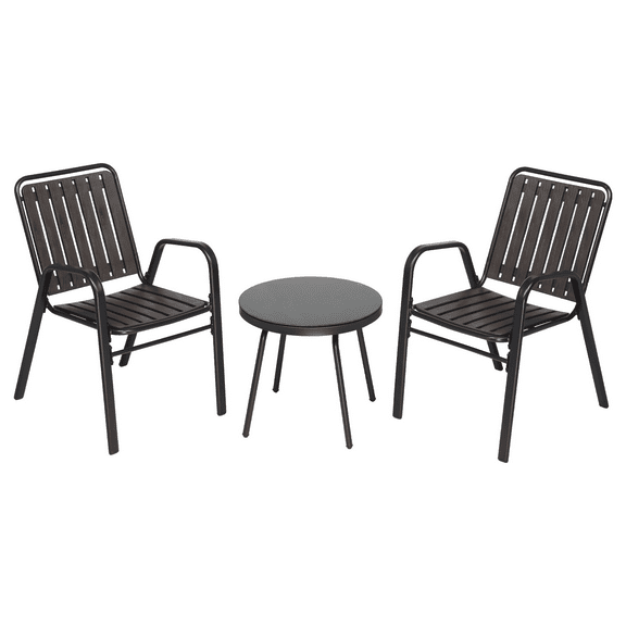 3-Piece Outdoor Bistro Set: 2 Stackable Chairs & Tempered Glass Table - All-Weather Steel Patio Furniture for Balcony/Garden (Black & Espresso)