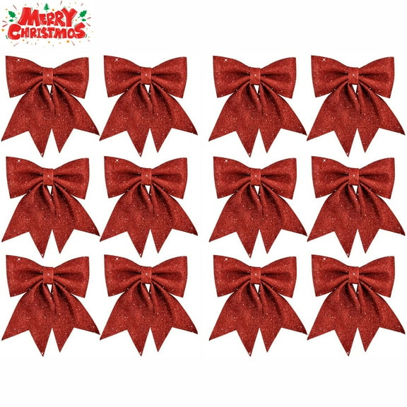 12 Pieces 5" Christmas Glitter Bow Large Christmas Tree Bows Christmas Party Decorations Shiny Bow Xmas Ribbon Bows for Wreath Garland Ornaments Gift DIY Decor