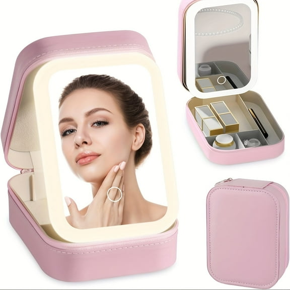 Lighted Makeup Mirror with 1200mAh Battery, Travel Cosmetic Bag Organizer for Makeup