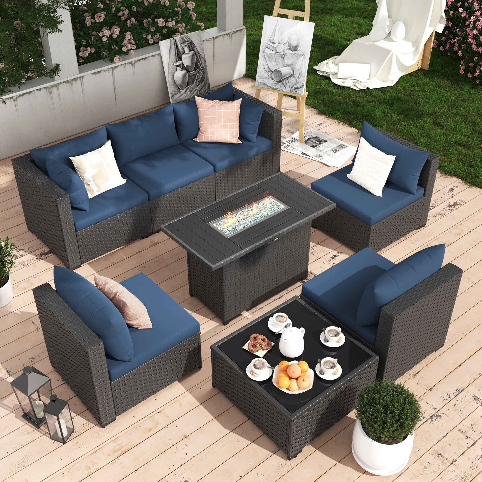 MRUAKA 8 Pieces Patio Furniture Set with Fire Pit Table, Outdoor Furniture Sectional Rattan Sofa, Patio Couch with Glass Coffee Table for Backyard Garden (Navy)