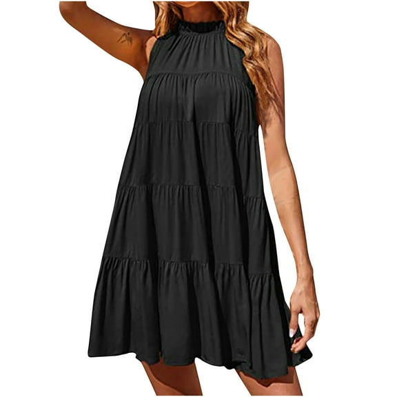 WMTBSRSW Women's 2025 Summer Halter Dresses Solid Color Sleeveless Ruffle Tiered Layered Chiffon Pleated A Line Swing Mini Dress Beach Vacation Sundress