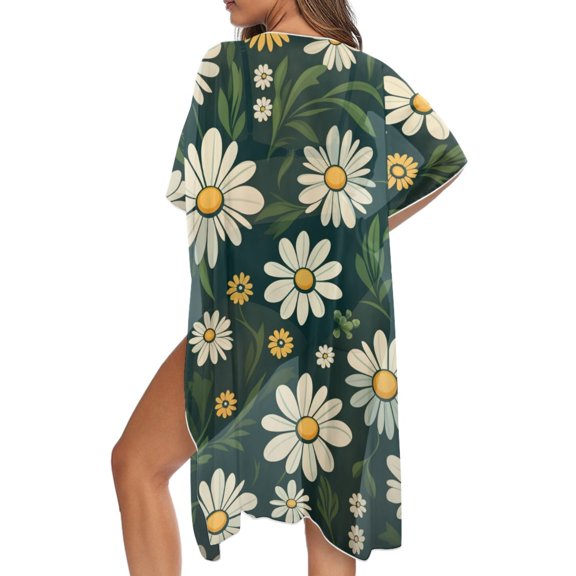 SCRAWLGOD Daisy Floral Print Womens Swimsuit Cover Up Kimono Swimsuit Coverup Casual Loose Bathing Suit Cover Up for Pool Party