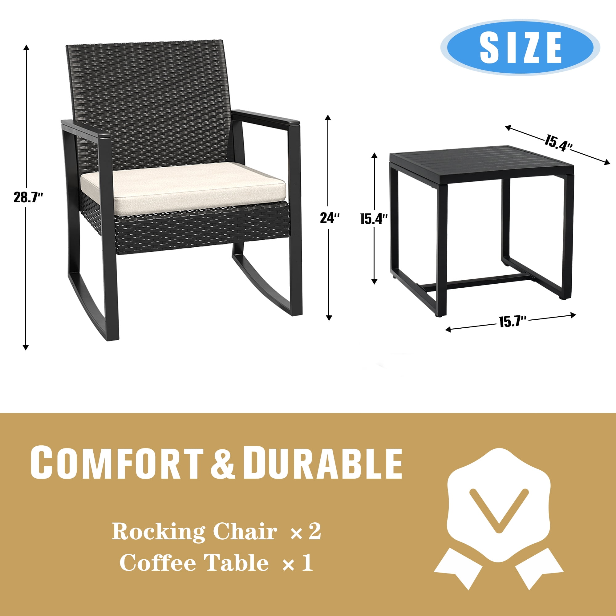 JORVIMAX Patio Conversation Set Outdoor Furniture Set Porch Bistro Set Rocking Chairs With Coffee Table Beige