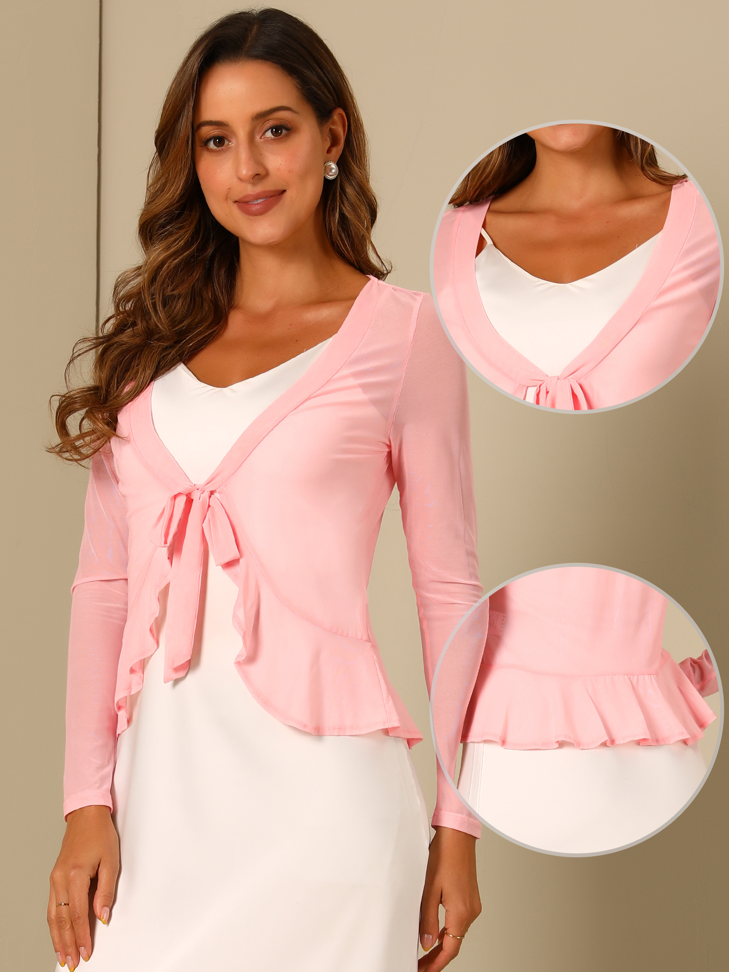 DARING DIVA Women's Ruffle Mesh Shrug Long Sleeves Self Tie Casual Bolero Cardigan L Pink