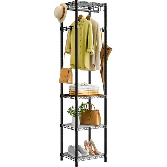 R1 Coat Rack Freestanding, Hall Tree with 4 Storage Shelves and 16 Hooks, Coat Rack Stand with Shelves, Small Clothes Rack Organizer for Entryway, Hallway, Bedroom, Office, Black