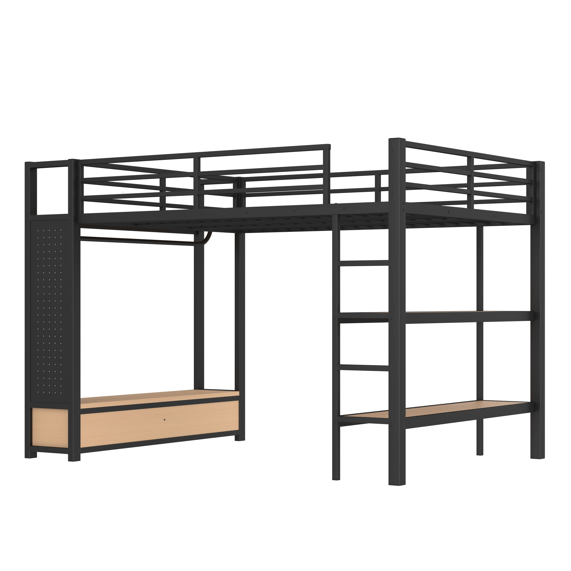 Leumius Queen Size Loft Bed with Built-in Wardrobe,Heavy Duty Metal Loft Bed with Storage Shelves and Pegboard,Space-Saving,Black