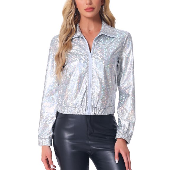 CHAQUETA METÁLICA LIGERA CON CREMALLERA DE MANGA LARGA BRILLANTE Y HOLOGRÁFICA PARA MUJERES INSPIRADA EN FIESTAS RAINBOW PLATA