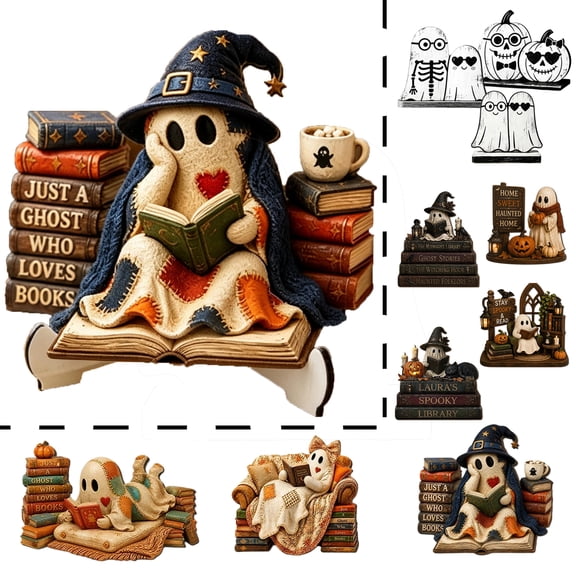PoyoKee Ghost Reading Halloween Decorations, Ghost Reading Book Shelf Decor Spooky & Cute Stuff, Wooden Halloween Decor for Indoor Bedroom Fireplace