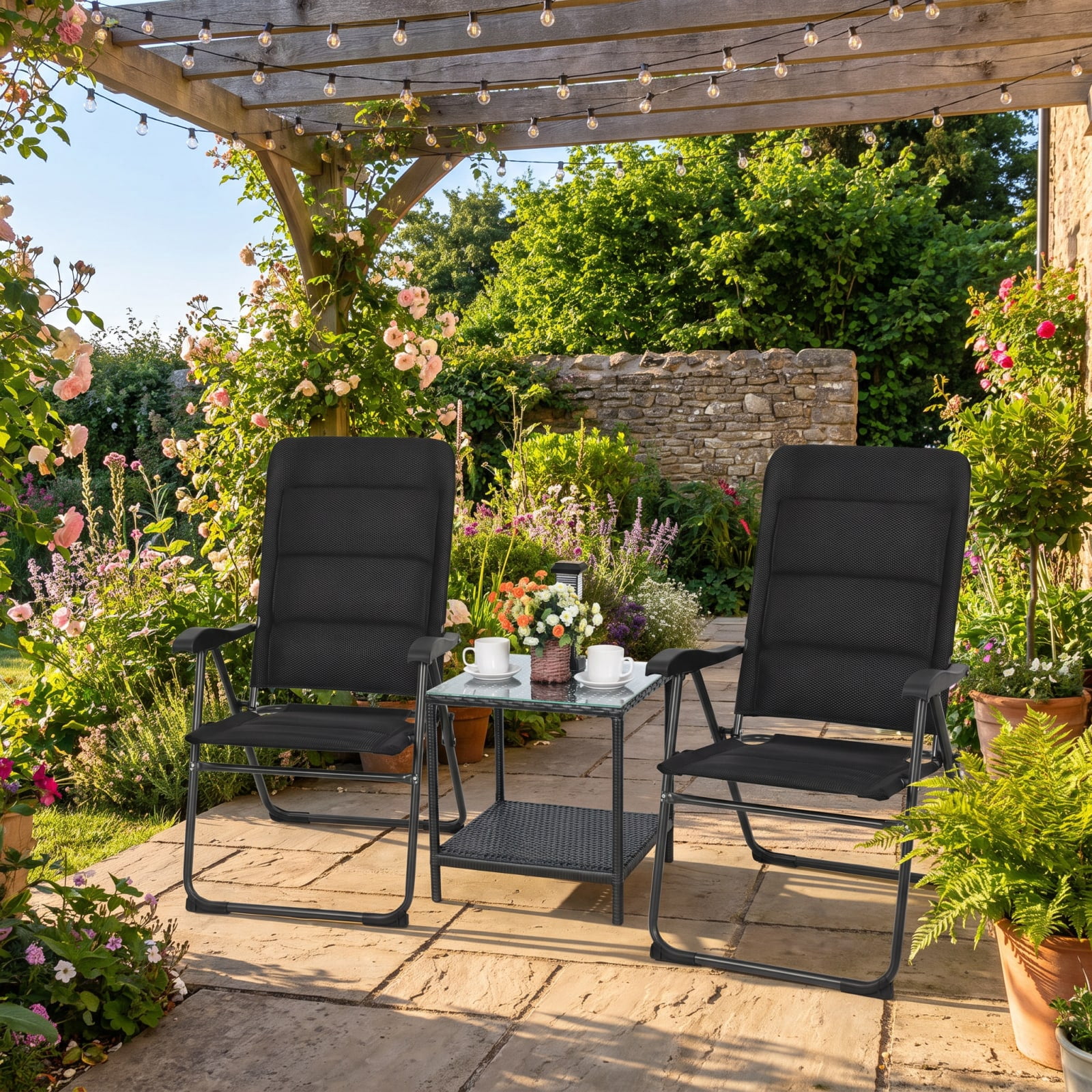 Furnibear Folding Patio Chair Solid Steel for Lawn Patio Backyard Black 300 lbs Capacity Weather-Resistant Outdoor Furniture
