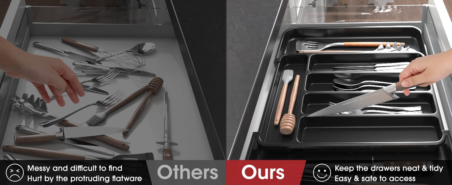 Silverware Organizer - Expandable Kitchen Drawer Organizer, Adjustable Utensil Organizer, Cutlery Drawer Organizer for Forks, Knives, Multipurpose Kitchen Organizers and Storage Solution, Black