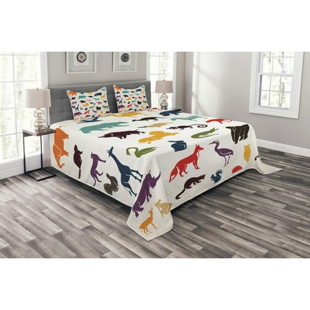 European Style Set Zoo Bedspread Set, African and European Animal Silhouettes in Cartoon Style Safari Wildlife Zoo Theme, Decorative Quilted Coverlet Set with Pillow Shams Included, Multicolor, by Ambesonne ()
