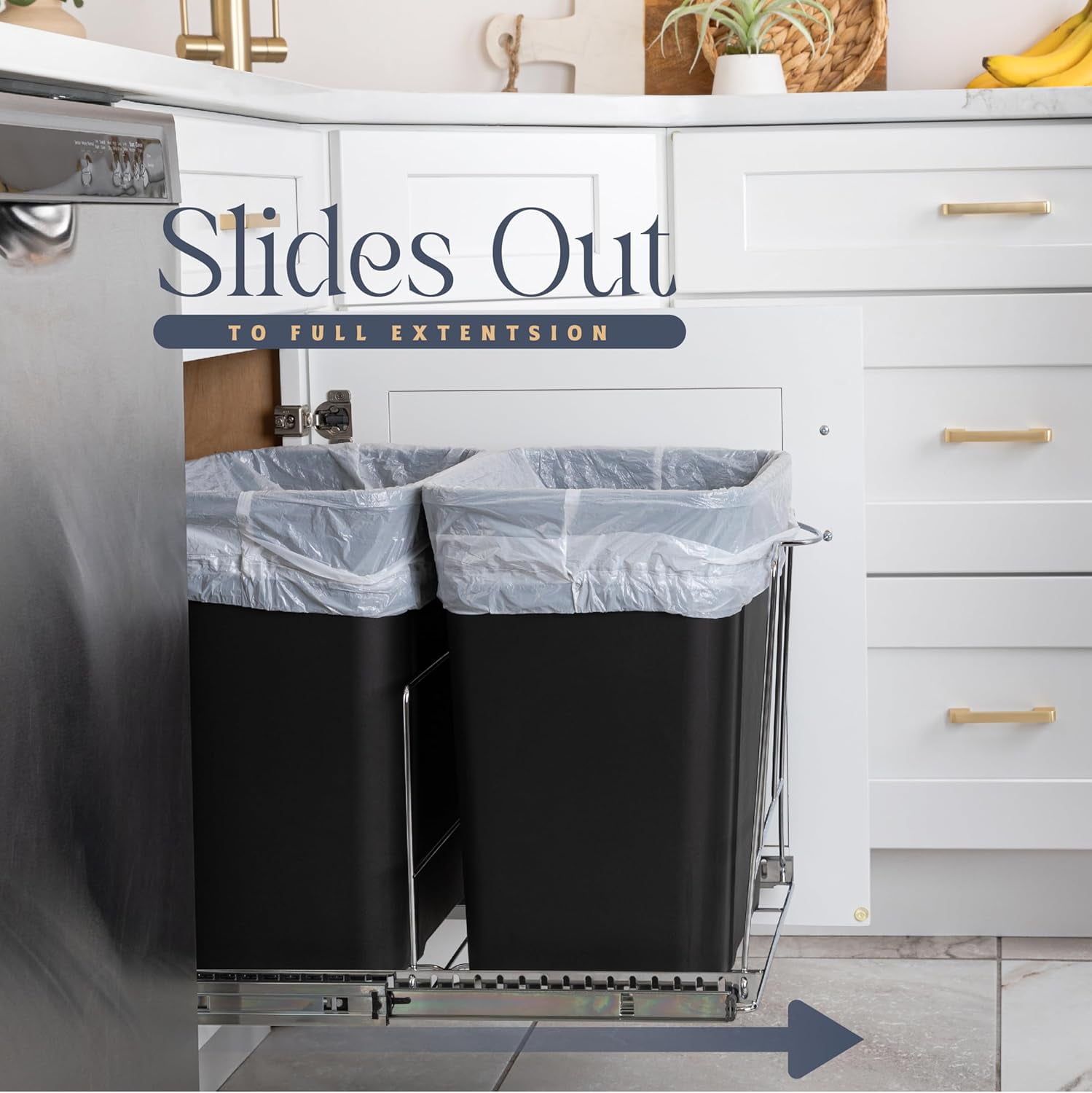 HOLDN’ STORAGE Pull Out Trash Can Rack for Kitchen Cabinet, Double 7 Gallon / 28 Qt Garbage and Recycling Bin Organizer Heavy Duty Chrome Sliding Frame
