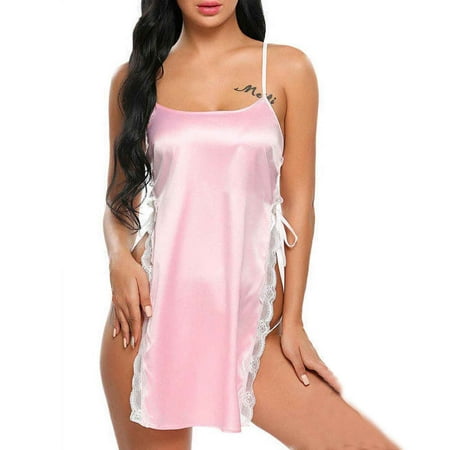 

YDKZYMD Pink Women s Lingerie Sexy Teddy Babydoll Spaghetti Strap Mesh Satin Nightgown Full Slip Sleepwear M