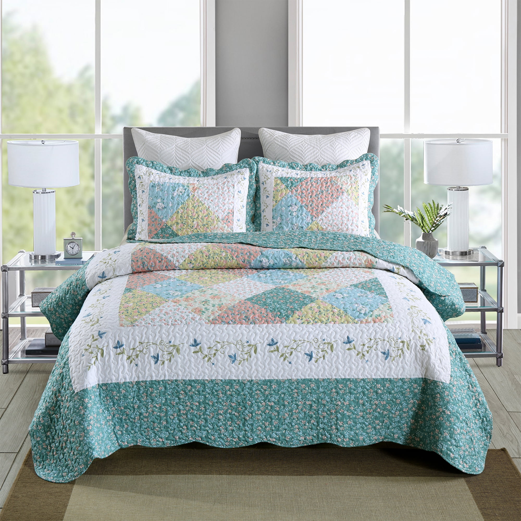 MarCielo 3 Piece Printed Quilt Set Lightweight Bedspread Set B027