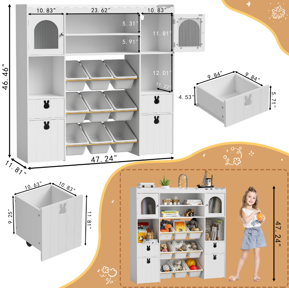 Toy Storage Organizer, Large Toy Storage Chest with Removable Bins, 19 Storage Spaces, Toy Organizer with 2 Movable Drawers and 9 Box Bins, Kids Bookshelf and Bookcase with Drawers for Boys and Girls