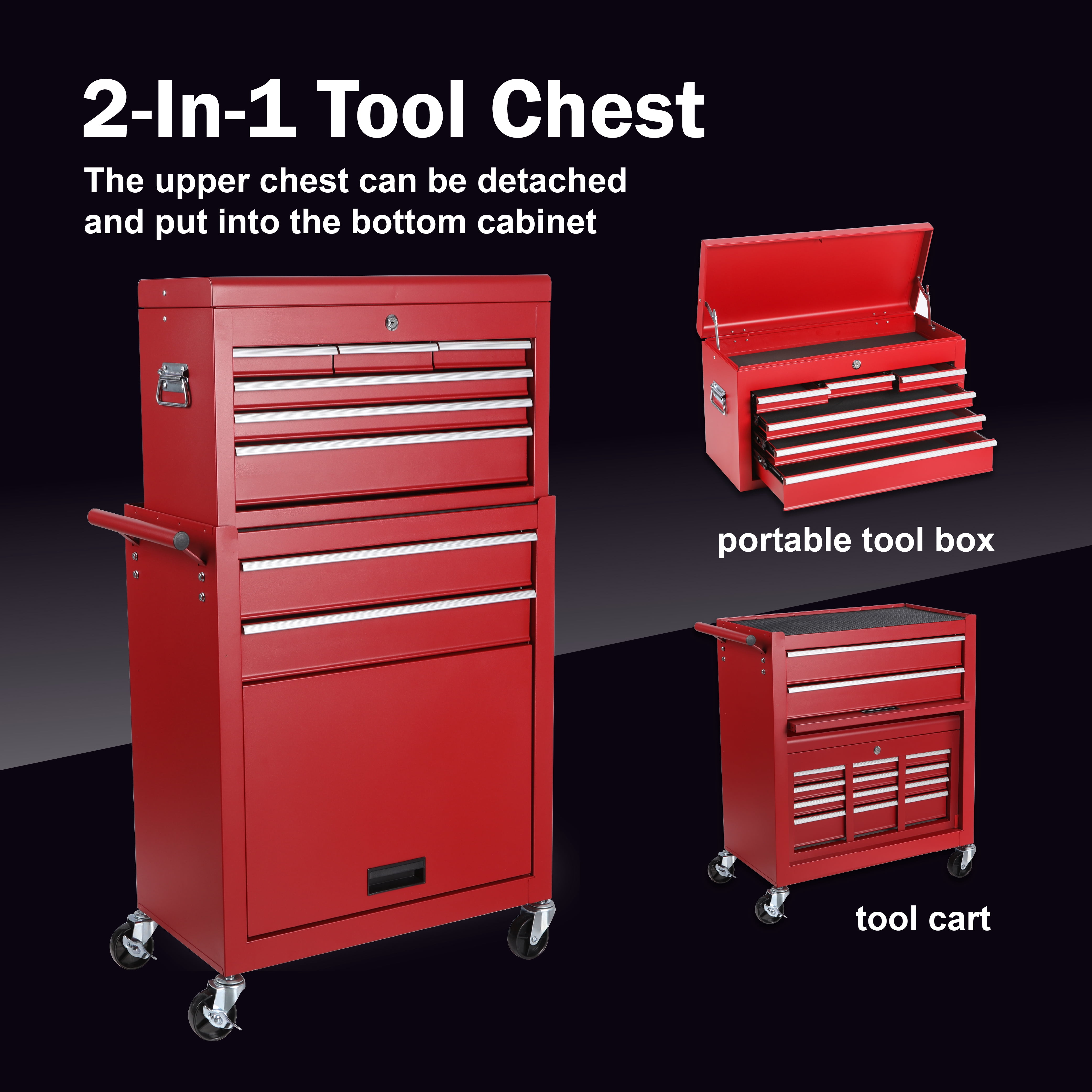 Noaman 8-Drawer Rolling Tool Storage Cabinet with Detachable Top Tool Box, 24.4"L x 13"W x 42.5"H, Steel Construction, Lockable Wheels & Side Hooks, Red