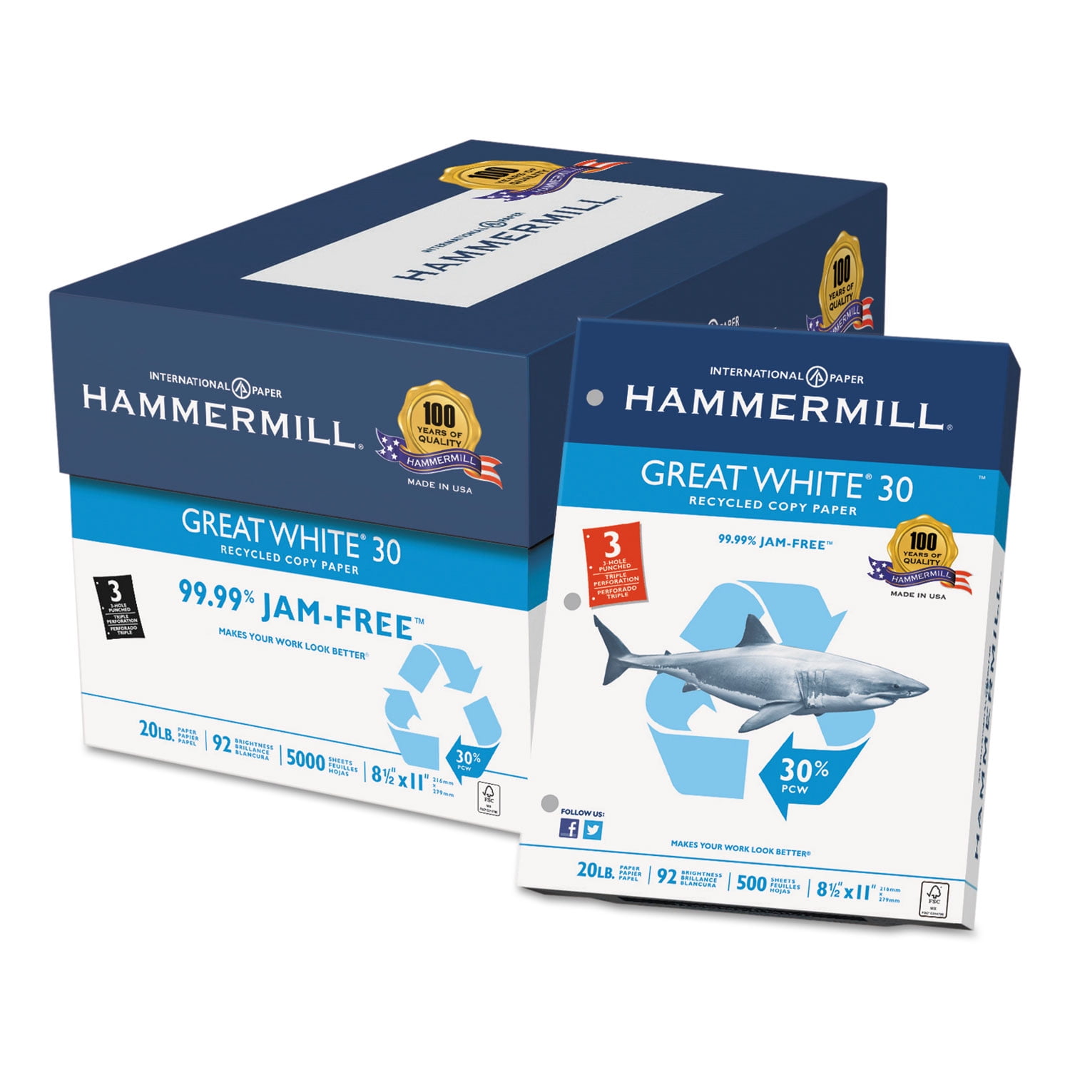 Hammermill Great White Recycled Copy 3-Hole Punched 92 Brightness 20lb Letter 5000/Ctn 86702, Paper