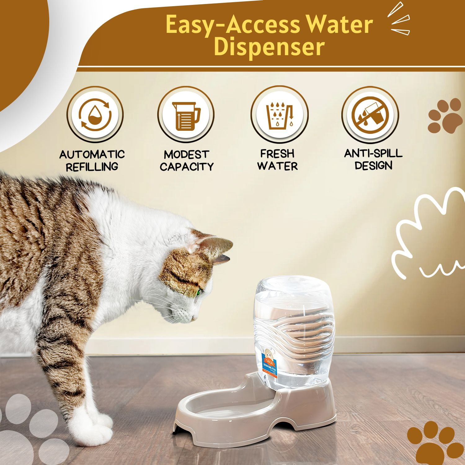 Automatic Gravity Pet Waterer for Cat & Dog - Non-Skid & Easy-Clean Auto Replenish Water Dispenser Drinking Bowl (3/8 Gallon / 1.5L), Beige
