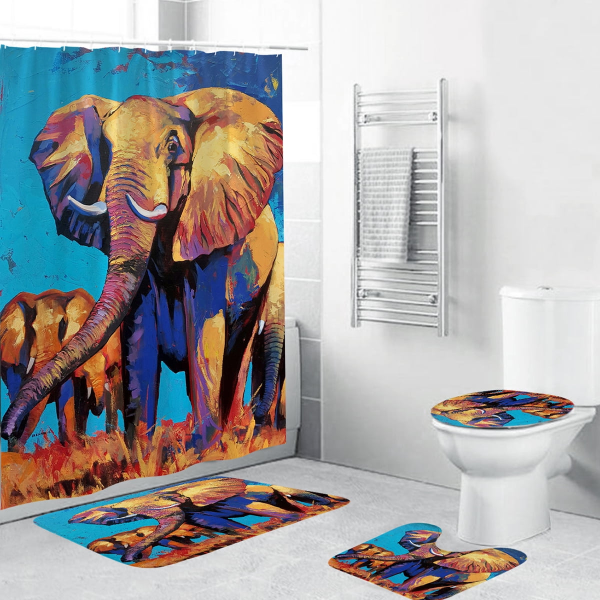 Africa Elephant Print Shower Curtain Set with NonSlip Rugs, Toilet Lid
