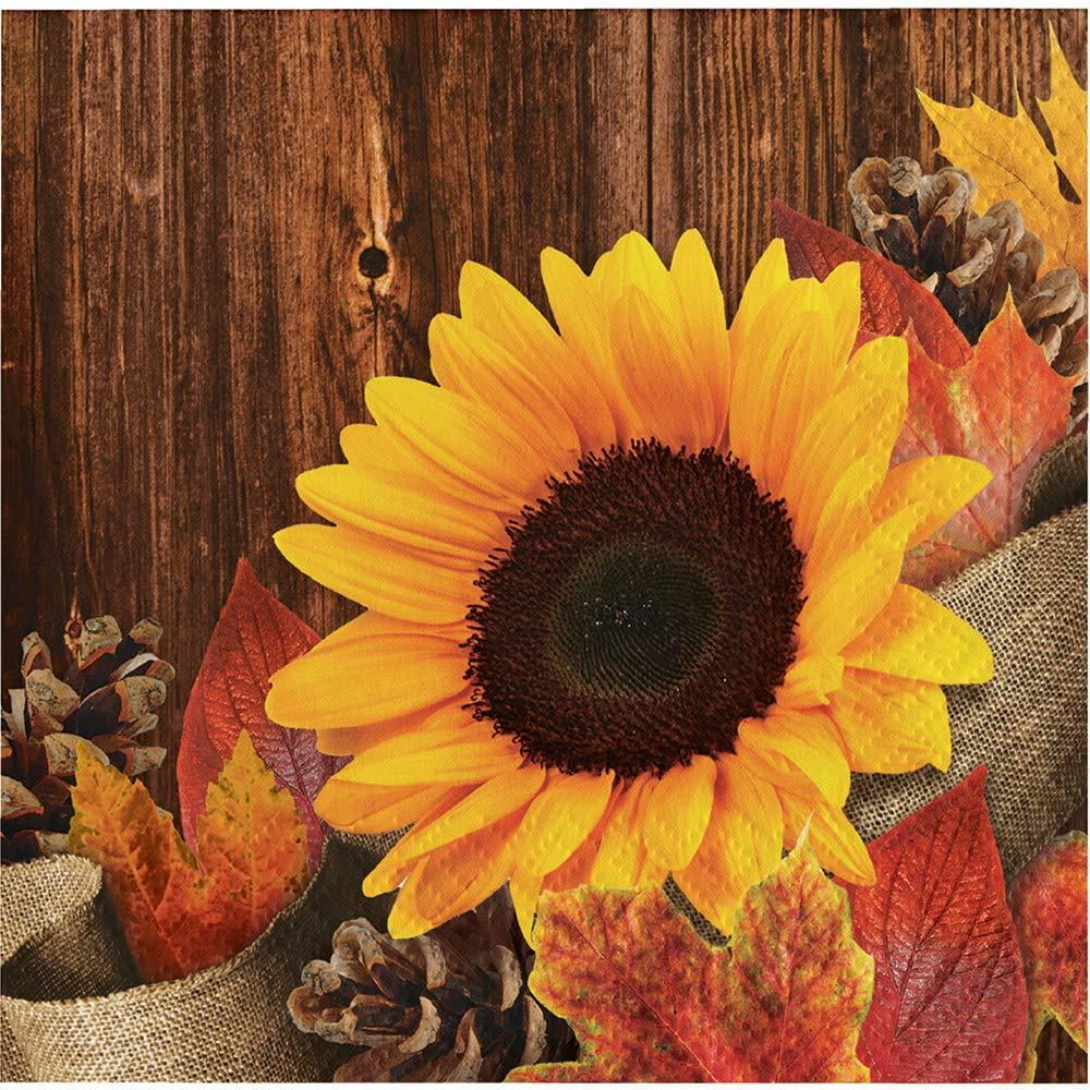 Sunflower Burlap Wood Grain Fall Leaves Autumn Crafts Beverage Napkin Harvest Thanksgiving