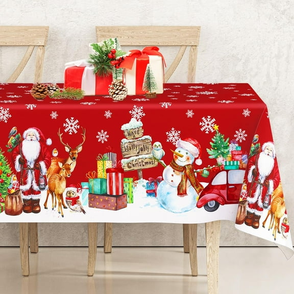 Christmas Tablecloth 60 x 102 Inch Red Snowman Snowflake Table Cover Seasonal Rectangle Winter Farmhouse Table Cloth