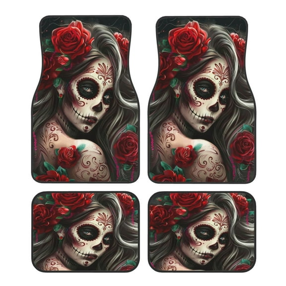 KAKALAD Rose Sugar Skull Girl 01 Car Floor Mats 4PC Set Carpet Protection, Universal Fit for Car SUV VA & Truck, Vehicle Front & Rear