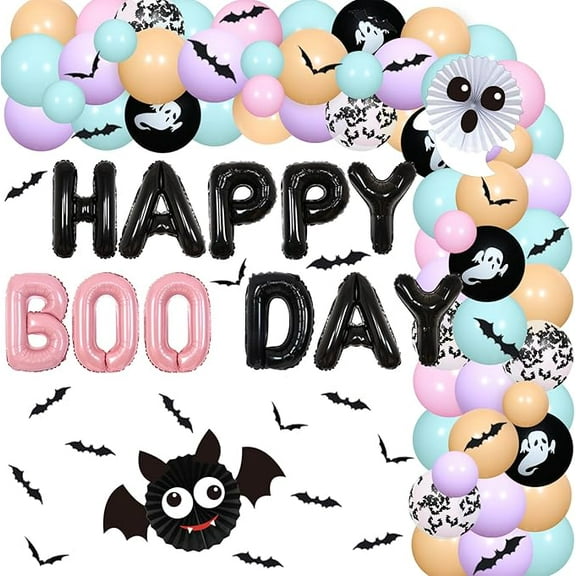 Happy Boo Day Party Decorations Girl, Boo Themed Birthday Party Macaroon Halloween Balloon Garland Arch Kit with Ghost Bat Balloons 3D Bats Wall Stickers for Halloween 1st 2nd 3rd Bday Party Decor