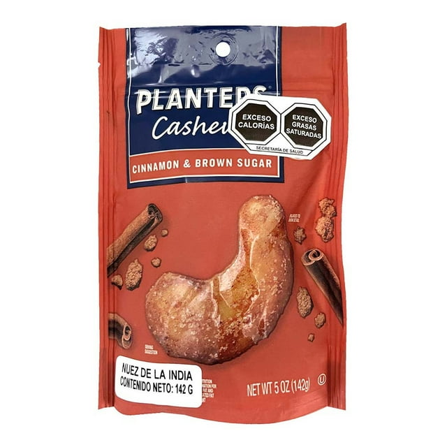 Nuez de la India Planters sabor Canela y Azúcar morena 142g, paquete rojo con imagen de anacardos cubiertos de azúcar y canela, fuente de grasas saludables y antioxidantes, ideal para control de peso, salud ósea y sistema inmunológico, presentación para compartir en despensa.