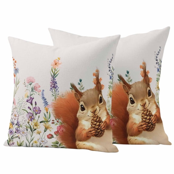 Fall Squirrel Outdoor Waterproof Pillow Covers, Botanical Watercolor Flower Leaf Plant Decorative Square Throw Pillowcase Sofa Cushion Sham for Patio/Couch/Chair, 20"x20" 2 Pack