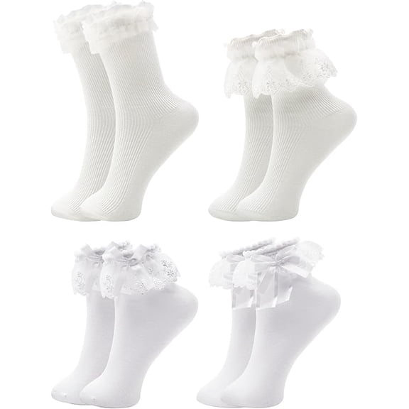 GIRACOA White Frilly Socks Women Girls Lace Socks with Bowties, White Ruffle Socks Beautiful Frilly Socks Cotton Socks Princess Style Dress Socks for Ladies Girls, Sports and Leisure