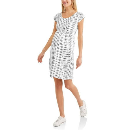 Maternity Short Sleeve Scoop Neck Polka Dot Dress with Drawstring Waist-- Available In Plus Sizes
