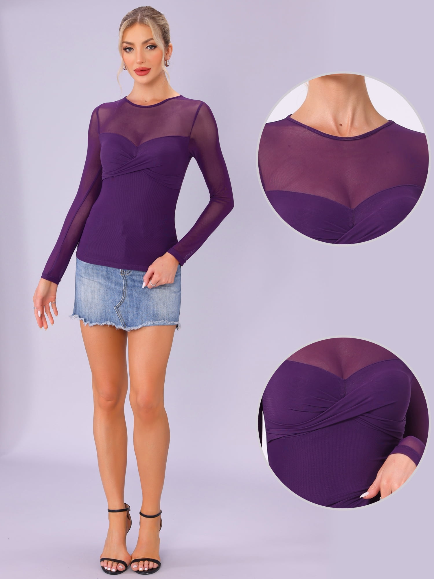 DARING DIVA Women's Mesh Long Sleeve See Through Sheer Top XL Dark Purple