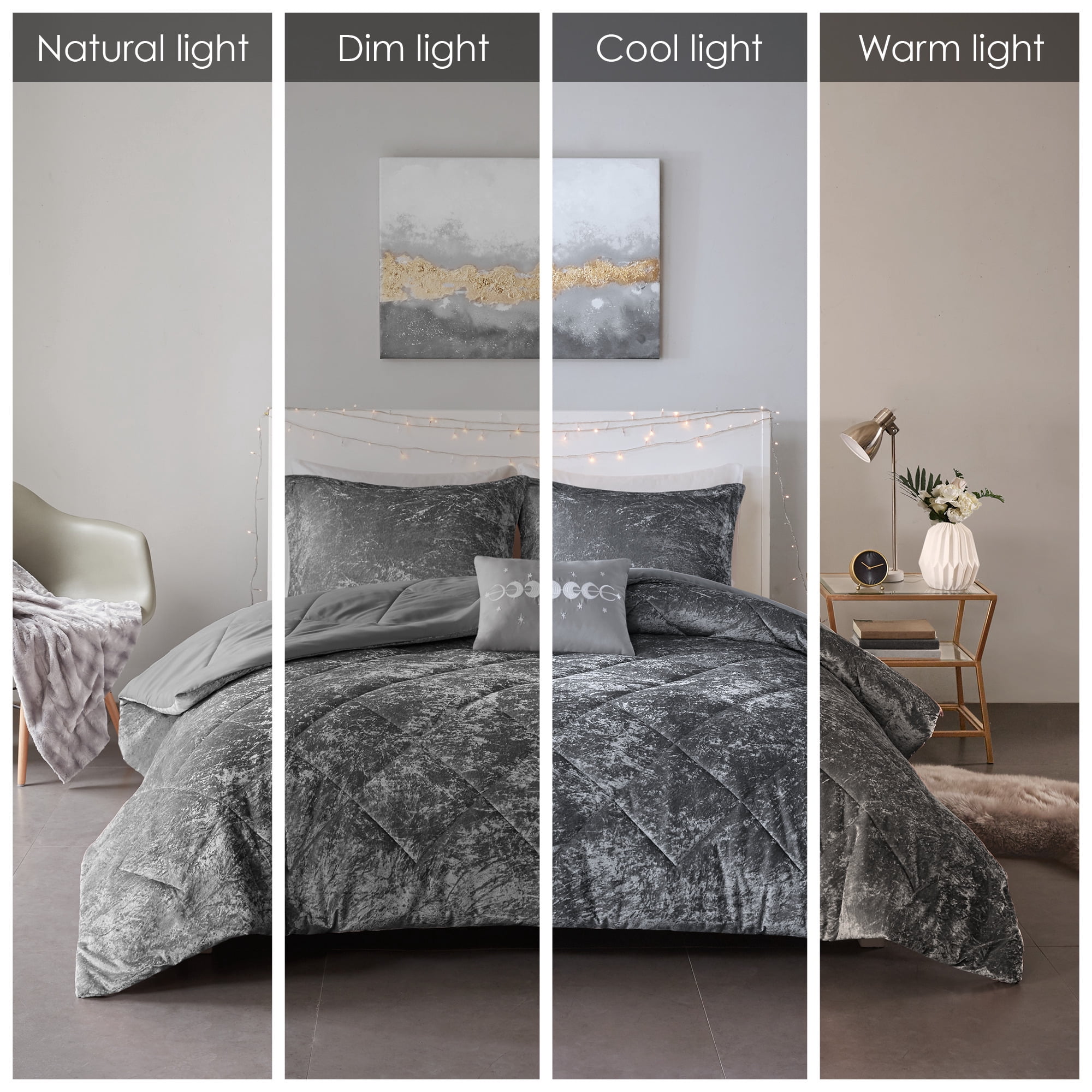 Home Essence Apartment Alyssa Gray Velvet 4 Piece Duvet Cover Set, Full/Queen
