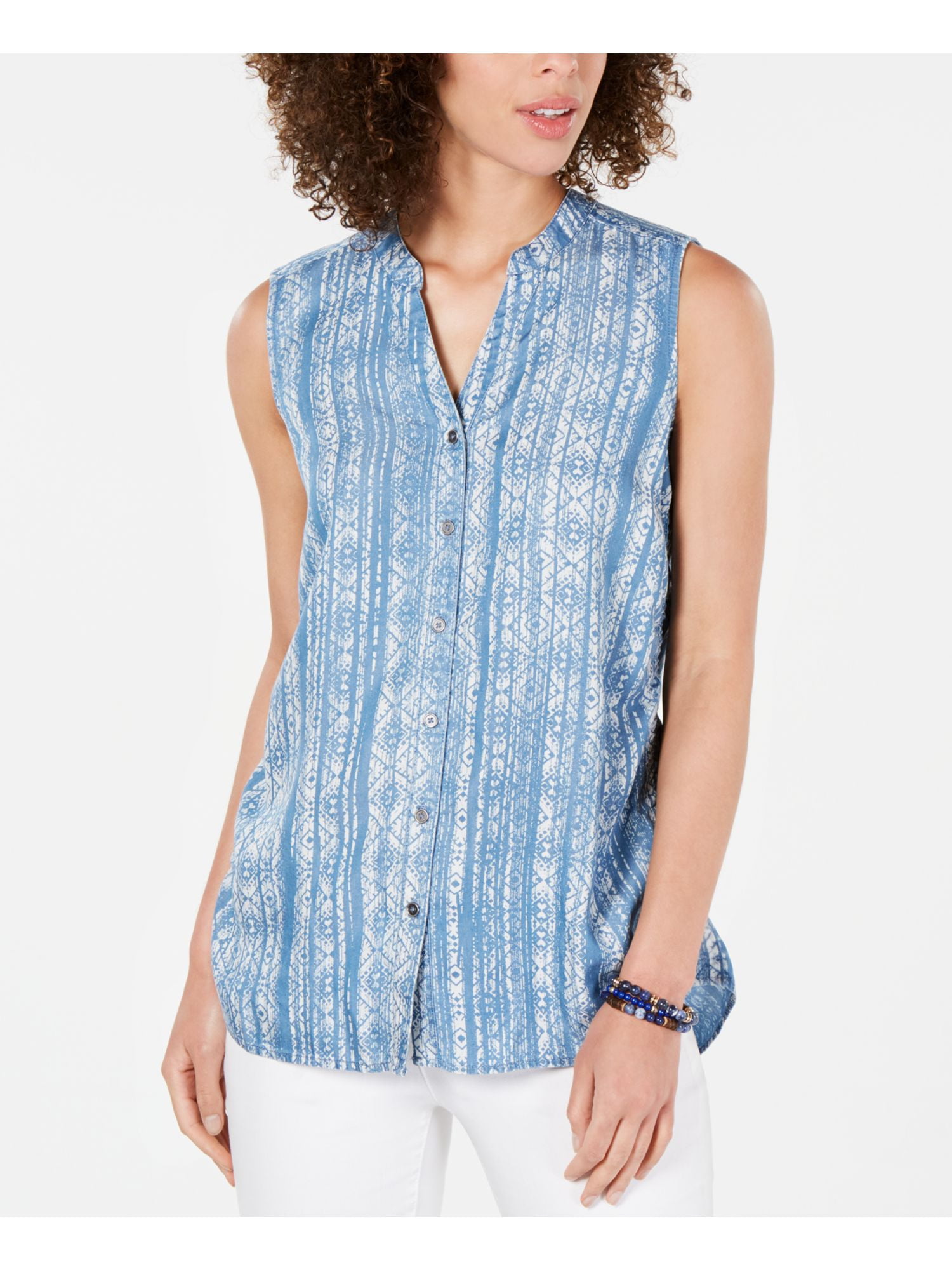 Style & Co. STYLE & COMPANY Womens Blue Printed Sleeveless Collared Top Size XS